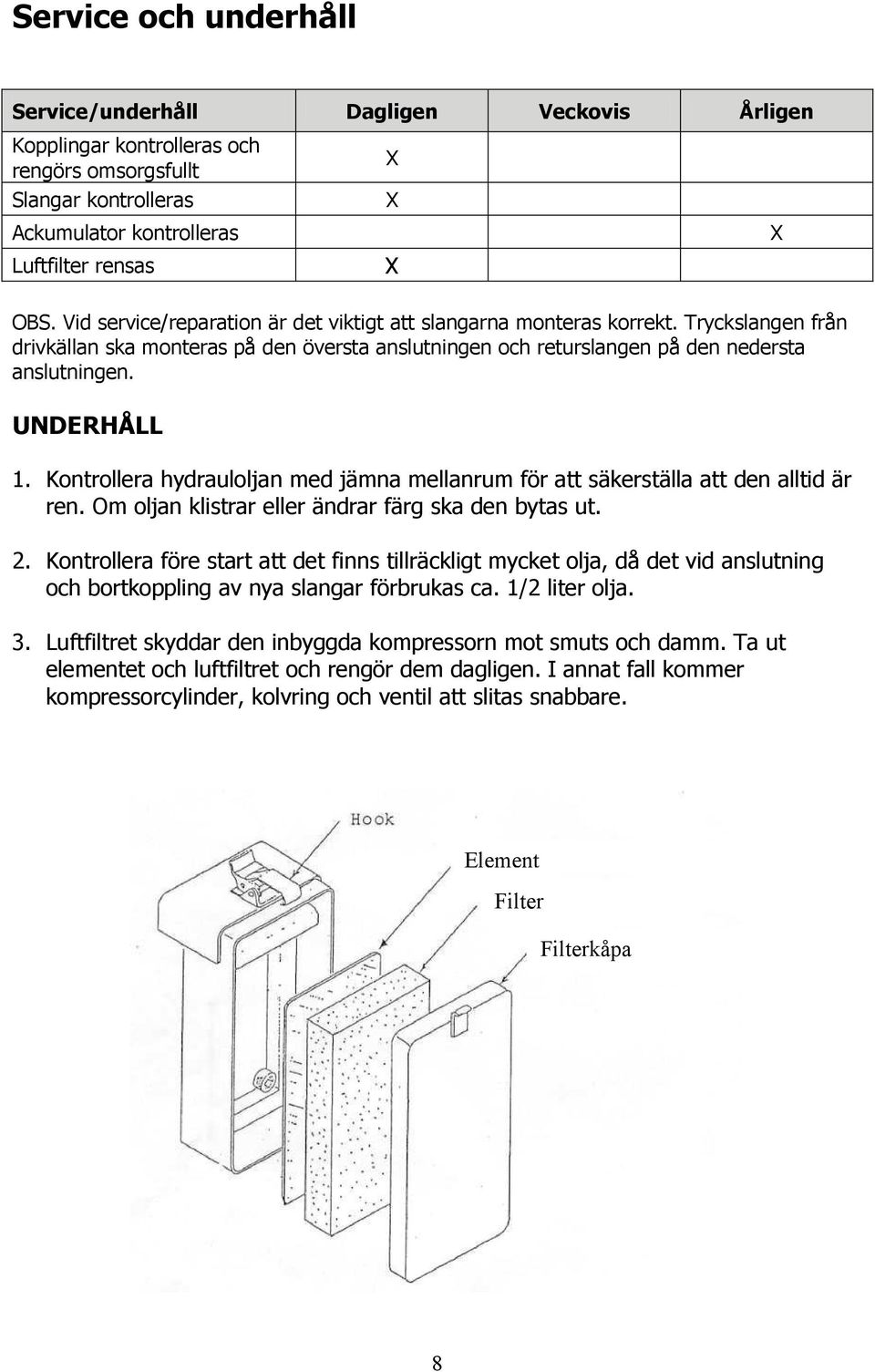 Kontrollera hydrauloljan med jämna mellanrum för att säkerställa att den alltid är ren. m oljan klistrar eller ändrar färg ska den bytas ut. 2.