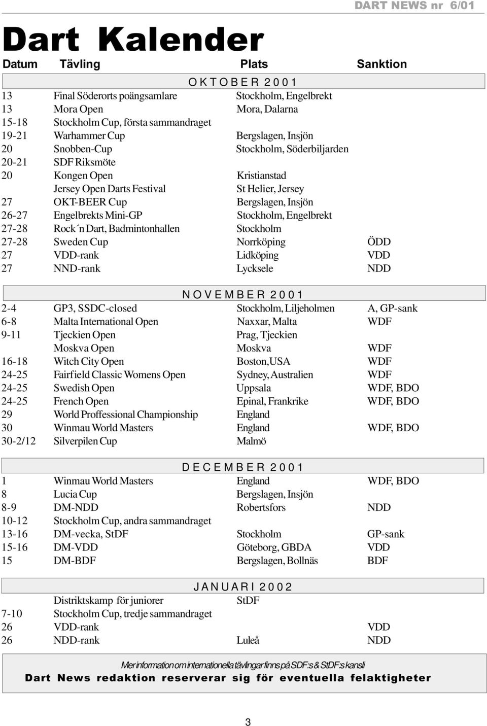 Insjön 26-27 Engelbrekts Mini-GP Stockholm, Engelbrekt 27-28 Rock n Dart, Badmintonhallen Stockholm 27-28 Sweden Cup Norrköping ÖDD 27 VDD-rank Lidköping VDD 27 NND-rank Lycksele NDD DART NEWS nr