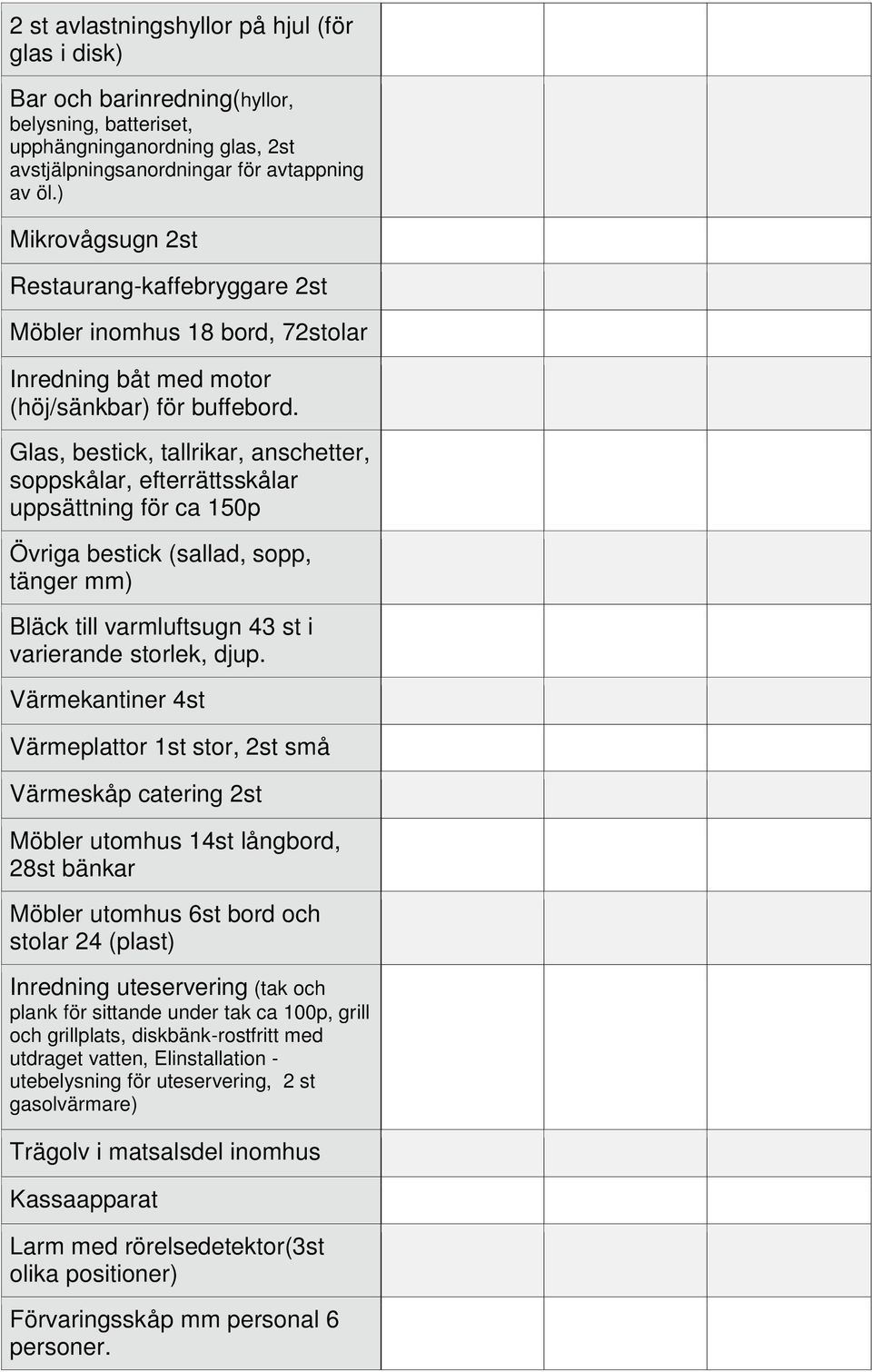 Glas, bestick, tallrikar, anschetter, soppskålar, efterrättsskålar uppsättning för ca 150p Övriga bestick (sallad, sopp, tänger mm) Bläck till varmluftsugn 43 st i varierande storlek, djup.