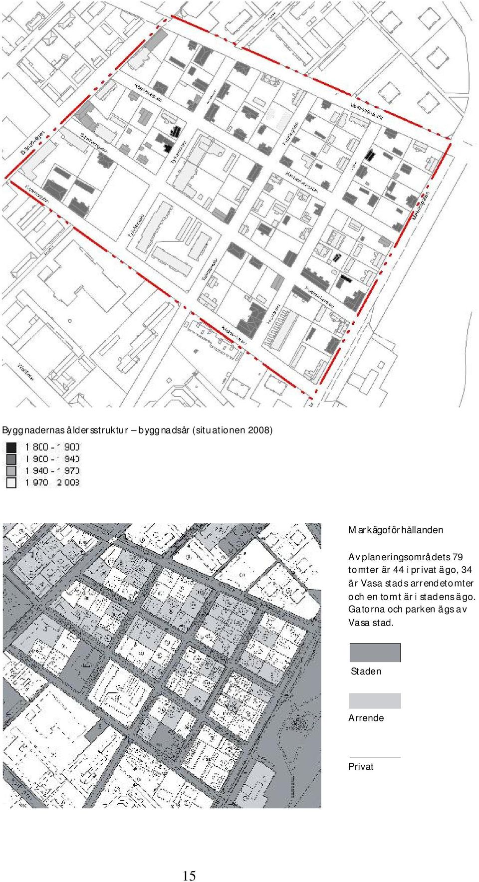 privat ägo, 34 är Vasa stads arrendetomter och en tomt är i