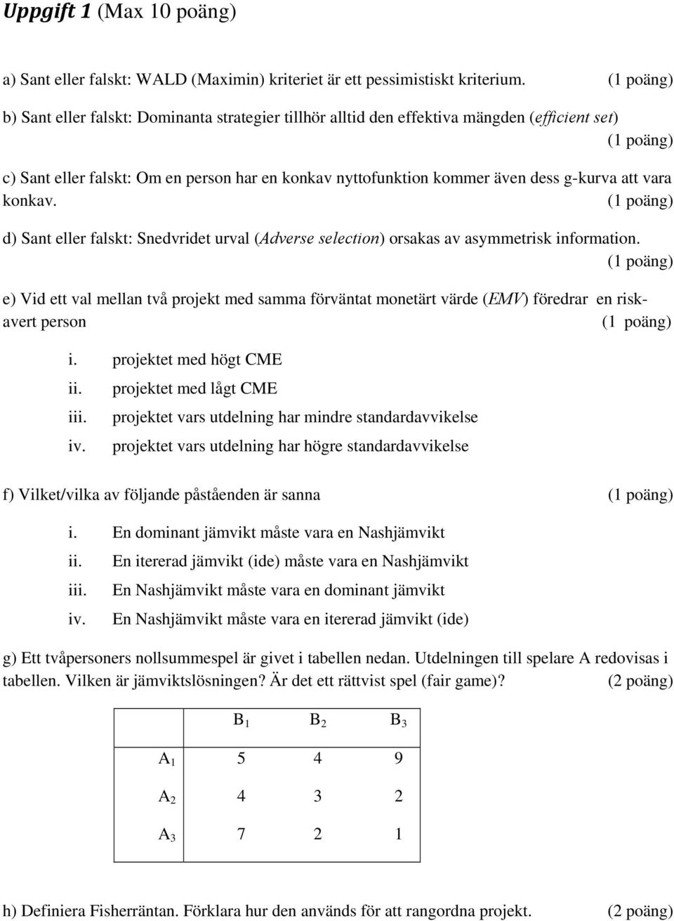 d) Sant eller falskt: Snedvridet urval (Adverse selection) orsakas av asymmetrisk information.