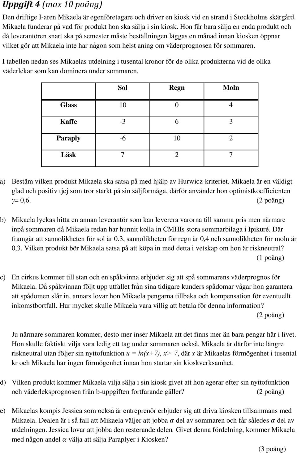 väderprognosen för sommaren. I tabellen nedan ses Mikaelas utdelning i tusental kronor för de olika produkterna vid de olika väderlekar som kan dominera under sommaren.