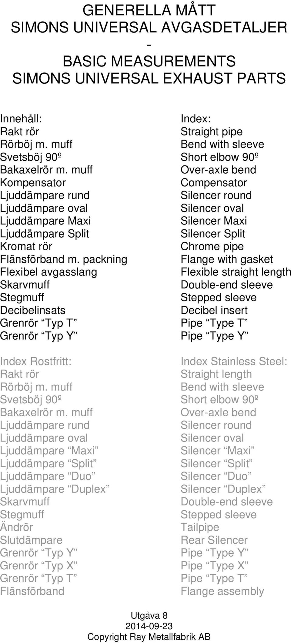 packning Flange wih gaske Flexibel avgasslang Flexible sraigh lengh Skarvmuff Double-end sleeve Segmuff Sepped sleeve Decibelinsas Decibel inser Grenrör Typ T Pipe Type T Grenrör Typ Y Pipe Type Y