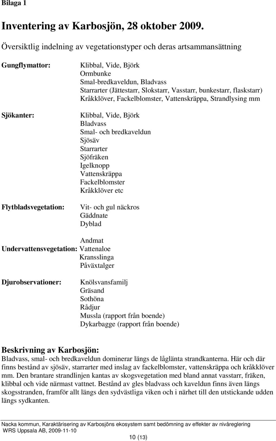 Slokstarr, Vasstarr, bunkestarr, flaskstarr) Kråkklöver, Fackelblomster, Vattenskräppa, Strandlysing mm Klibbal, Vide, Björk Bladvass Smal- och bredkaveldun Sjösäv Starrarter Sjöfräken Igelknopp