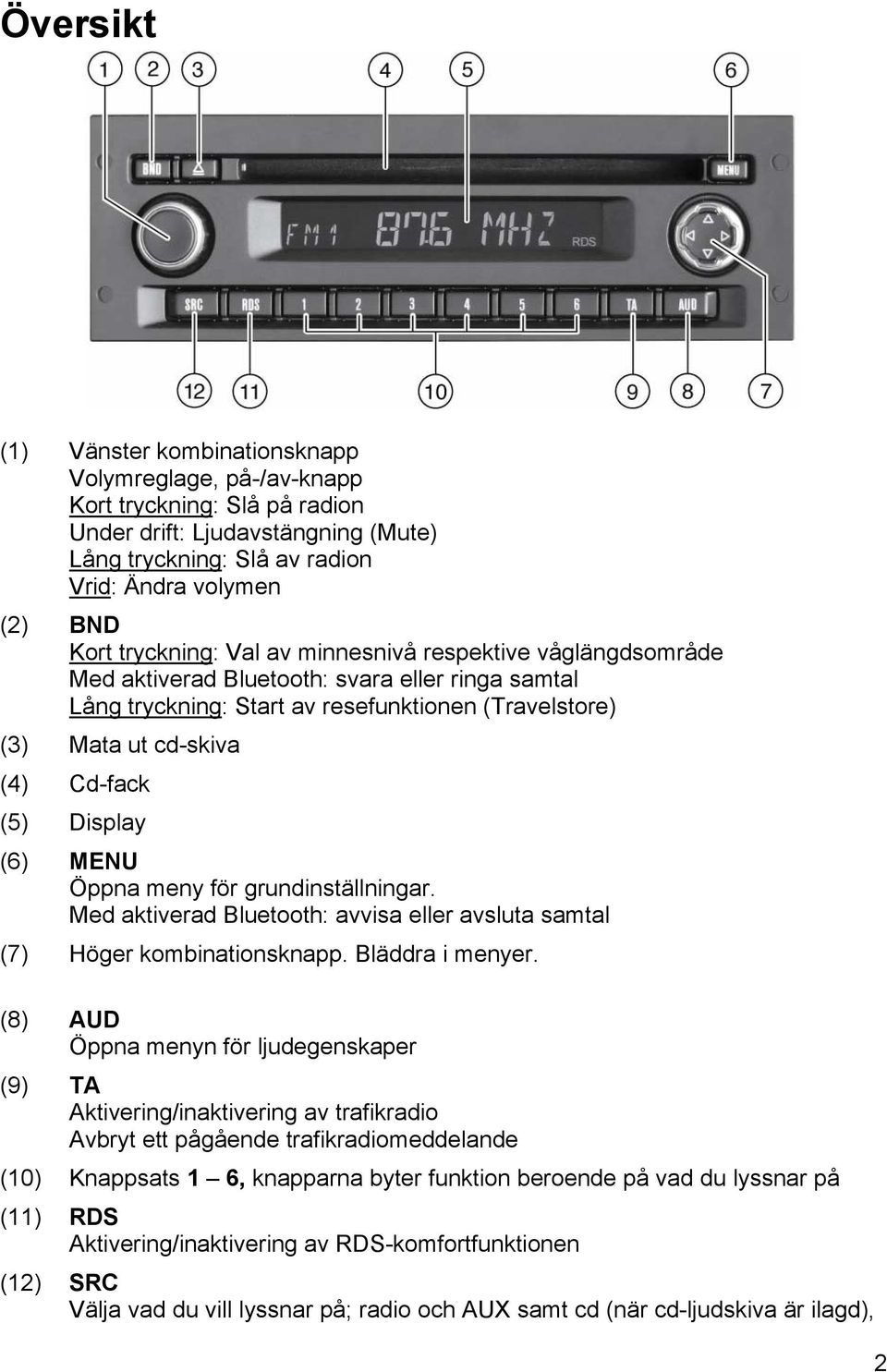 Display (6) MENU Öppna meny för grundinställningar. Med aktiverad Bluetooth: avvisa eller avsluta samtal (7) Höger kombinationsknapp. Bläddra i menyer.