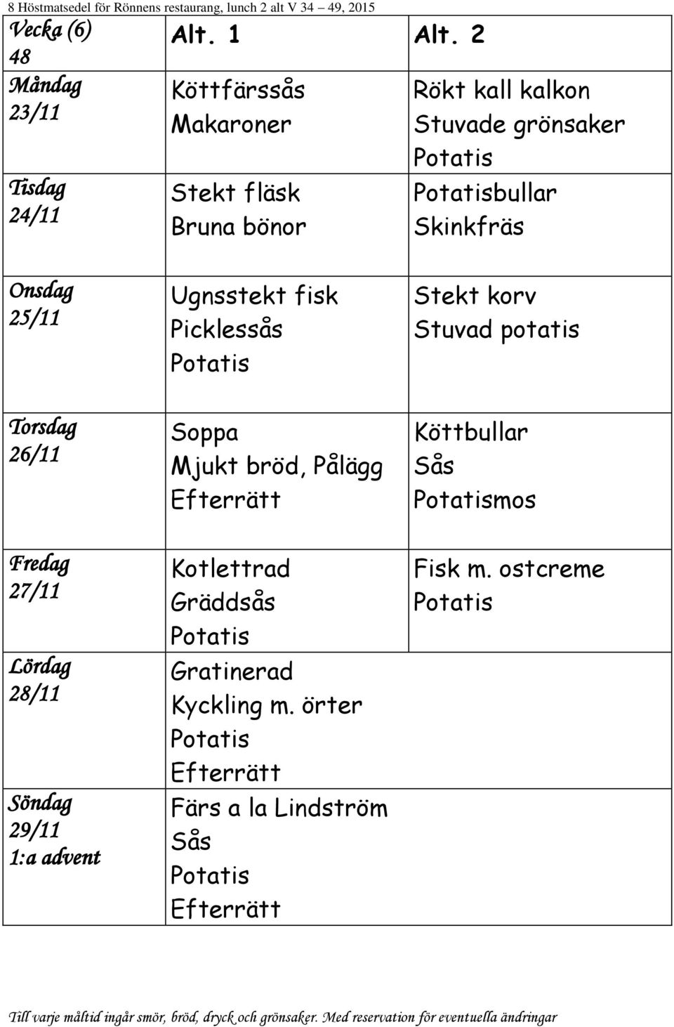 Ugnsstekt fisk Picklessås Mjukt bröd, Pålägg Kotlettrad Gräddsås Gratinerad