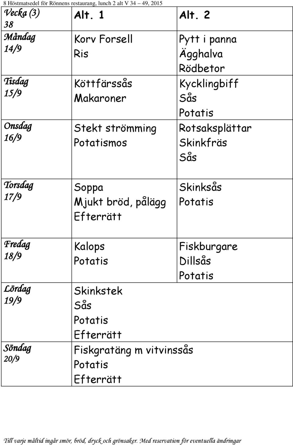 Kycklingbiff Rotsaksplättar Skinkfräs 17/9 Skinksås 18/9