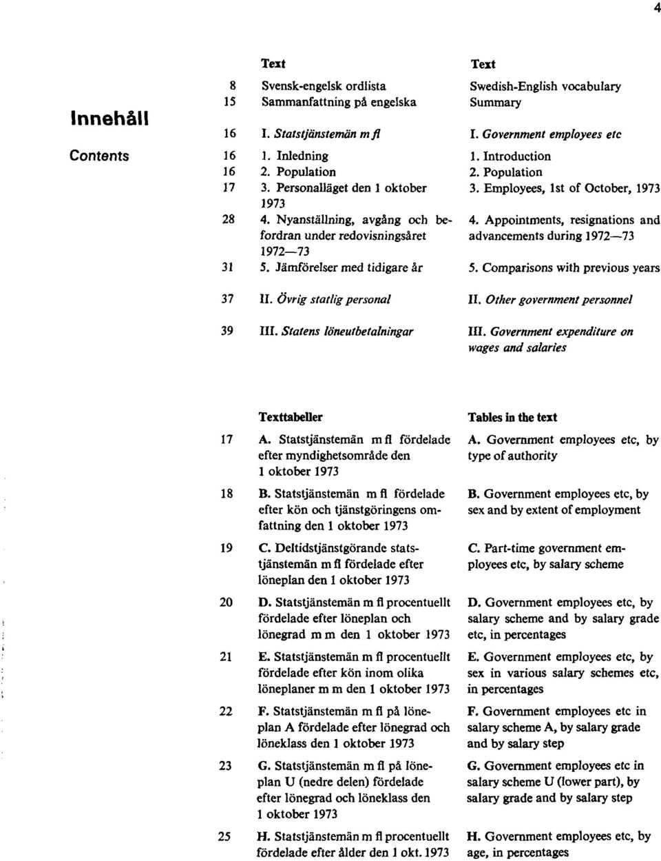 Statens löneutbetalningar Text Swedish-English vocabulary Summary I. Government employees etc 1. Introduction 2. Population 3. Employees, 1st of October, 1973 4.