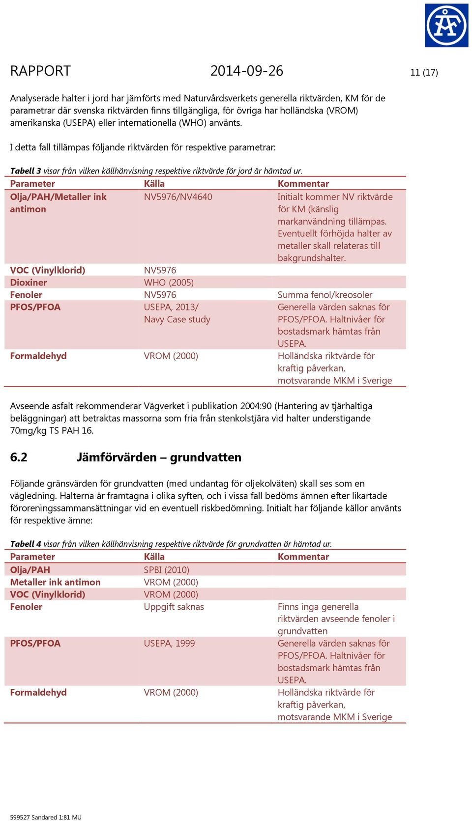 I detta fall tillämpas följande riktvärden för respektive parametrar: Tabell 3 visar från vilken källhänvisning respektive riktvärde för jord är hämtad ur.