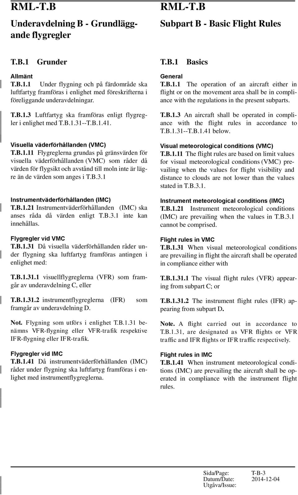 B.1.31--T.B.1.41. Visuella väderförhållanden (VMC) T.B.1.11 Flygreglerna grundas på gränsvärden för visuella väderförhållanden (VMC) som råder då värden för flygsikt och avstånd till moln inte är lägre än de värden som anges i T.