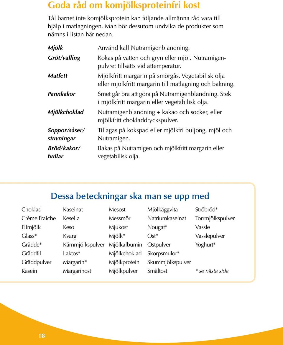 Nutramigenpulvret tillsätts vid ättemperatur. Mjölkfritt margarin på smörgås. Vegetabilisk olja eller mjölkfritt margarin till matlagning och bakning. Smet går bra att göra på Nutramigenblandning.