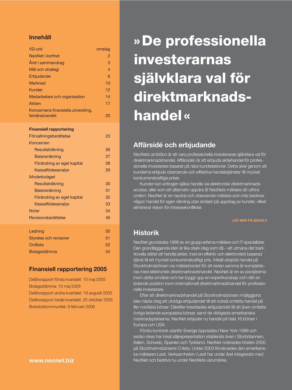 Balansräkning 31 Förändring av eget kapital 32 Kassaflödesanalys 33 Noter 34 Revisionsberättelse 46 Ledning 50 Styrelse och revisorer 51 Ordlista 52 Bolagsstämma 54 Finansiell rapportering 2005