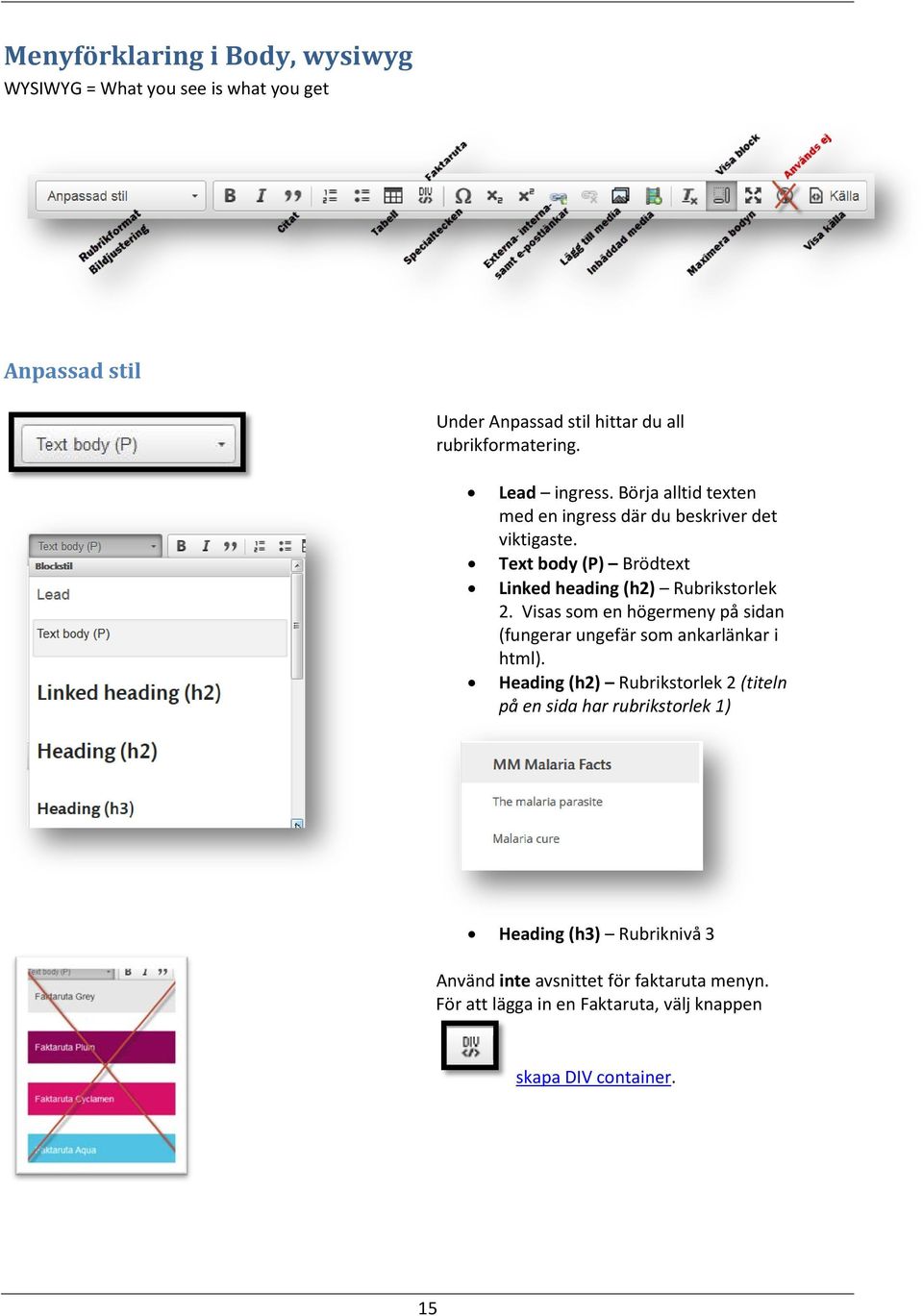 Text body (P) Brödtext Linked heading (h2) Rubrikstorlek 2. Visas som en högermeny på sidan (fungerar ungefär som ankarlänkar i html).