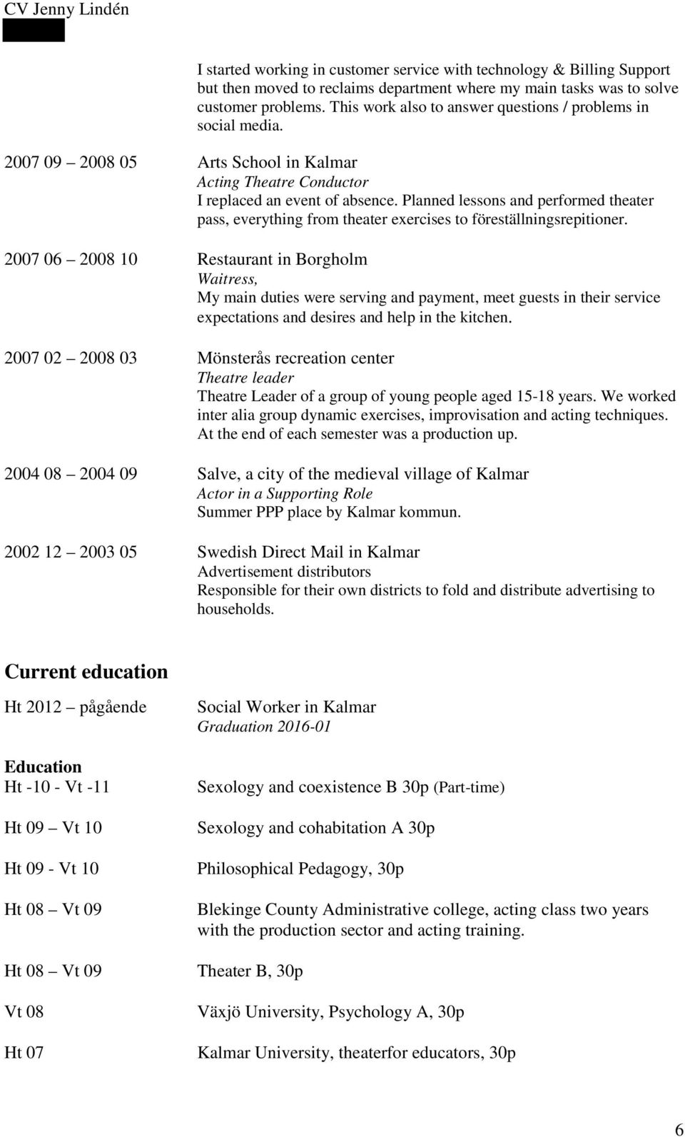 Planned lessons and performed theater pass, everything from theater exercises to föreställningsrepitioner.