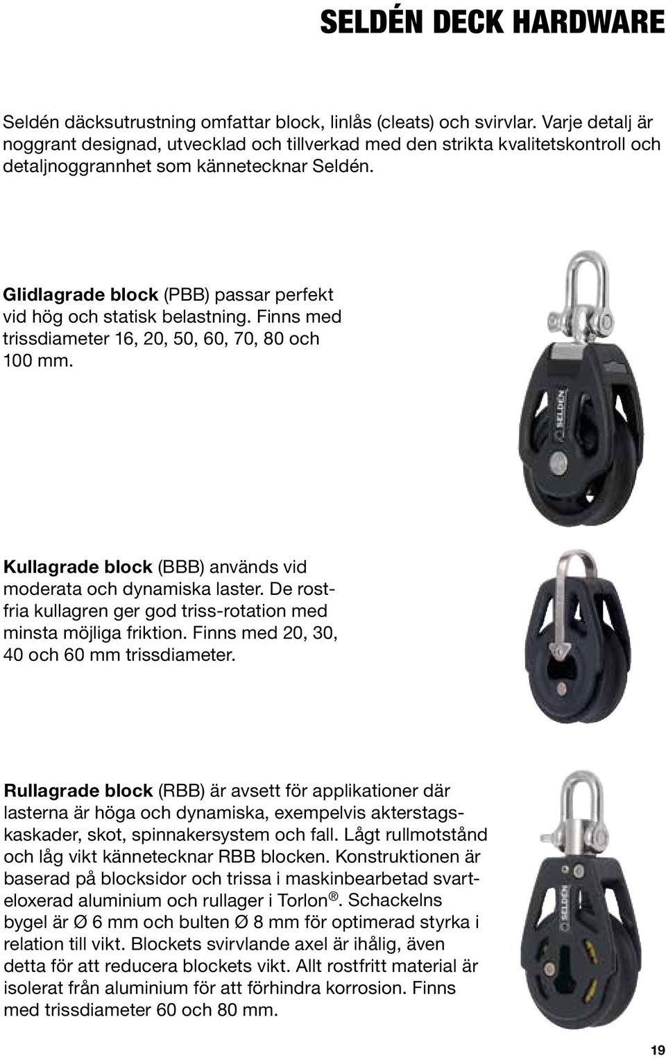 Glidlagrade block (PBB) passar perfekt vid hög och statisk belastning. Finns med trissdiameter 16, 20, 50, 60, 70, 80 och 100 mm. Kullagrade block (BBB) används vid moderata och dynamiska laster.