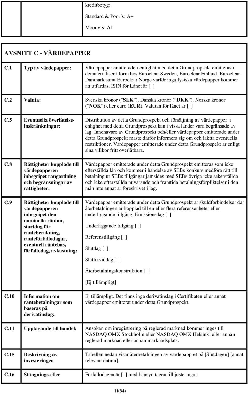 inga fysiska värdepapper kommer att utfärdas. ISIN för Lånet är [ ] C.2 Valuta: Svenska kronor ( SEK ), Danska kronor ( DKK ), Norska kronor ( NOK ) eller euro (EUR). Valutan för lånet är [ ] C.
