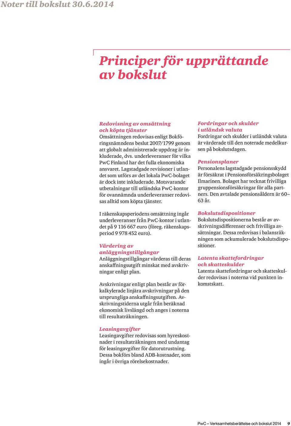 inkluderade, dvs. underleveranser för vilka PwC Finland har det fulla ekonomiska ansvaret. Lagstadgade revisioner i utlandet som utförs av det lokala PwC-bolaget är dock inte inkluderade.