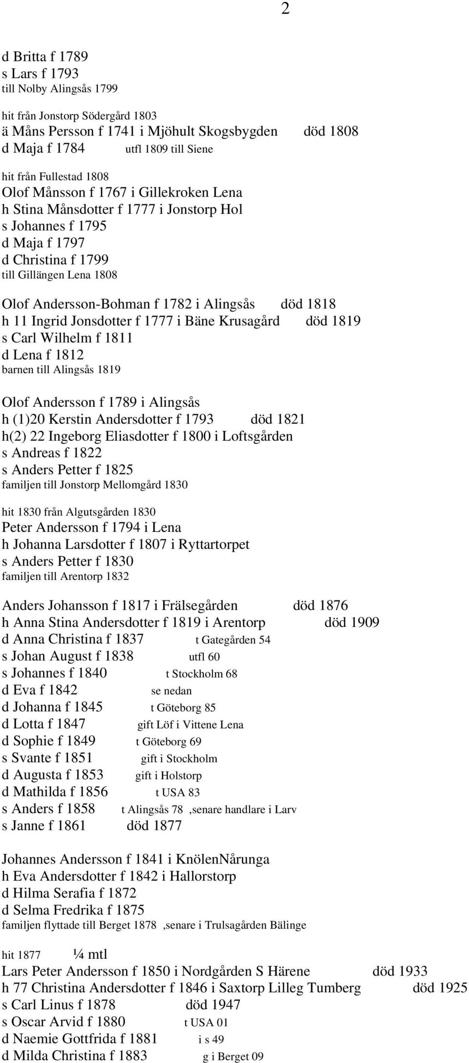 Alingsås död 1818 h 11 Ingrid Jonsdotter f 1777 i Bäne Krusagård död 1819 s Carl Wilhelm f 1811 d Lena f 1812 barnen till Alingsås 1819 Olof Andersson f 1789 i Alingsås h (1)20 Kerstin Andersdotter f