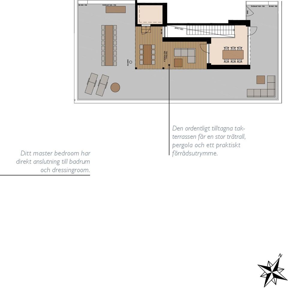 KM DM EL/IT KÖK HALL BAD G K/F ST L SG VARDAGSRUM 14 SOVRUM 11 BH 0,55 m BH 0,70 m BALKONG 8 Den ordentligt tilltagna takterrassen får en stor trätrall, pergola och ett praktiskt