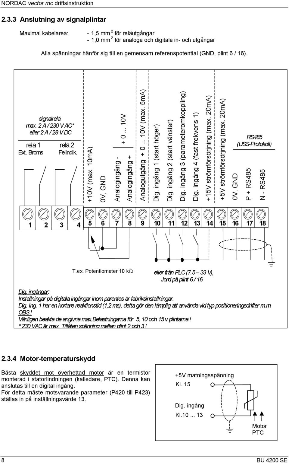 plint 6 / 16). signalrelä max. 2 A / 230 V AC* eller 2 A / 28 V DC relä 1 relä 2 Ext. Broms Felindik. +10V (max. 10mA) 0V, GND Analogingång - + 0... 10V Analogingång + Analogutgång + 0... 10V (max.