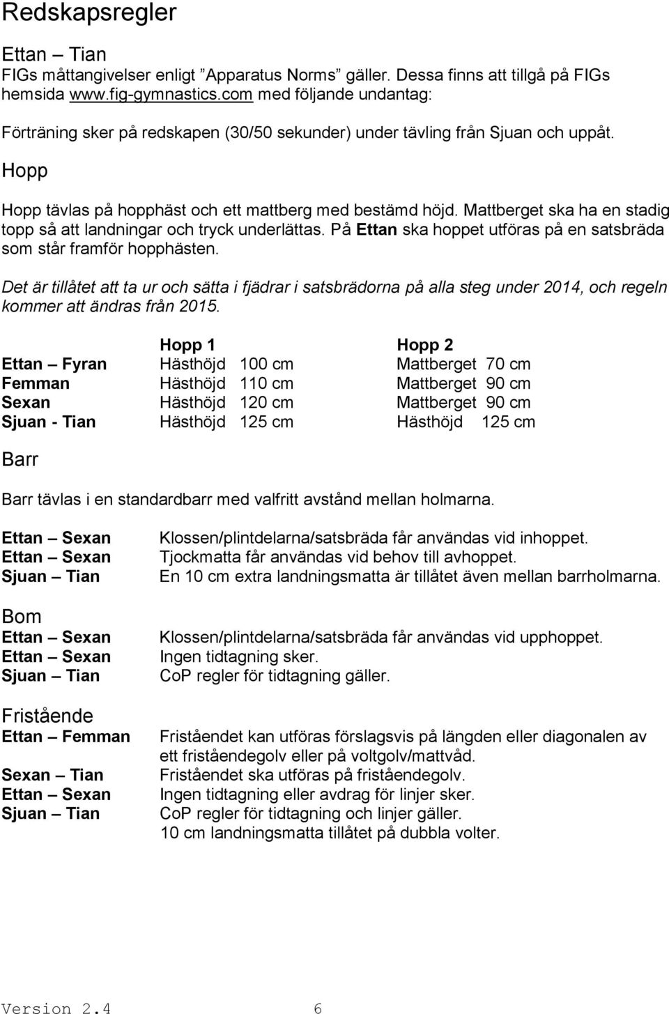 Mattberget ska ha en stadig topp så att landningar och tryck underlättas. På Ettan ska hoppet utföras på en satsbräda som står framför hopphästen.