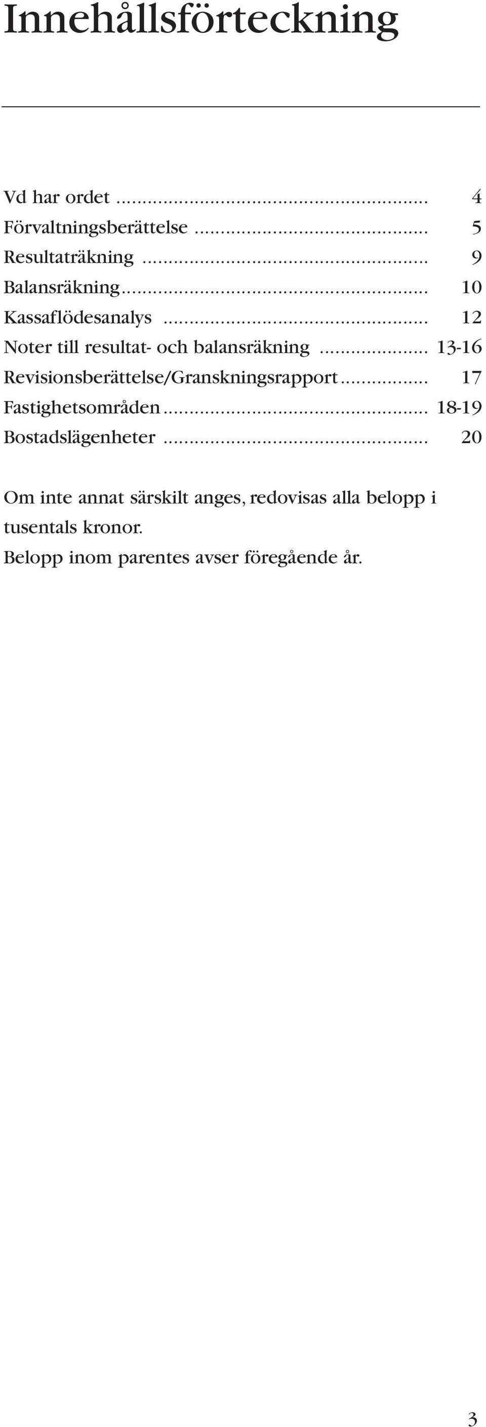 .. 13-16 Revisionsberättelse/Granskningsrapport... 17 Fastighetsområden... 18-19 Bostadslägenheter.