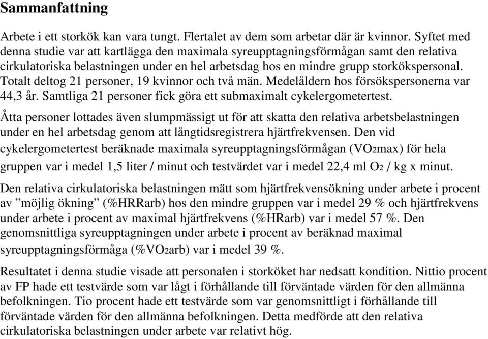 Totalt deltog 21 personer, 19 kvinnor och två män. Medelåldern hos försökspersonerna var 44,3 år. Samtliga 21 personer fick göra ett submaximalt cykelergometertest.