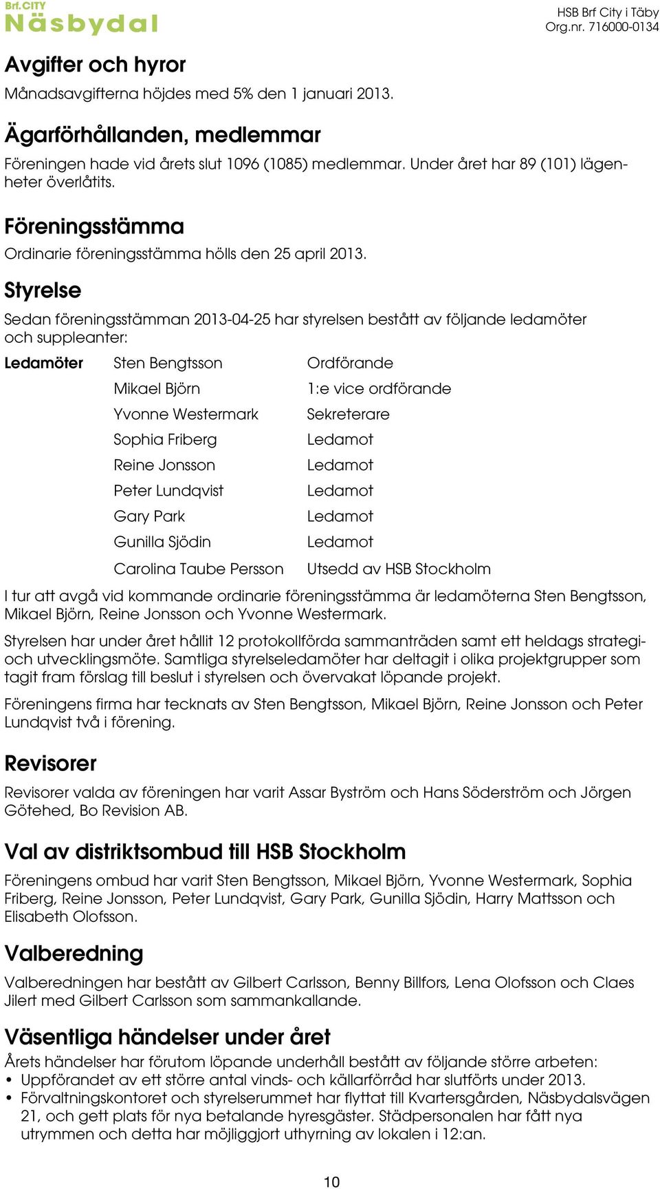 Styrelse Sedan föreningsstämman 2013-04-25 har styrelsen bestått av följande ledamöter och suppleanter: Ledamöter Sten Bengtsson Ordförande Mikael Björn 1:e vice ordförande Yvonne Westermark