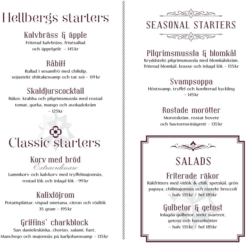 kr Kalixlöjrom Potatisplättar, vispad smetana, citron och rödlök 35 gram 195 kr Griffins charkblock San danieleskinka, chorizo, salami, fuet, Manchego och majonnäs på karljohansvamp - 135kr SEASONAL