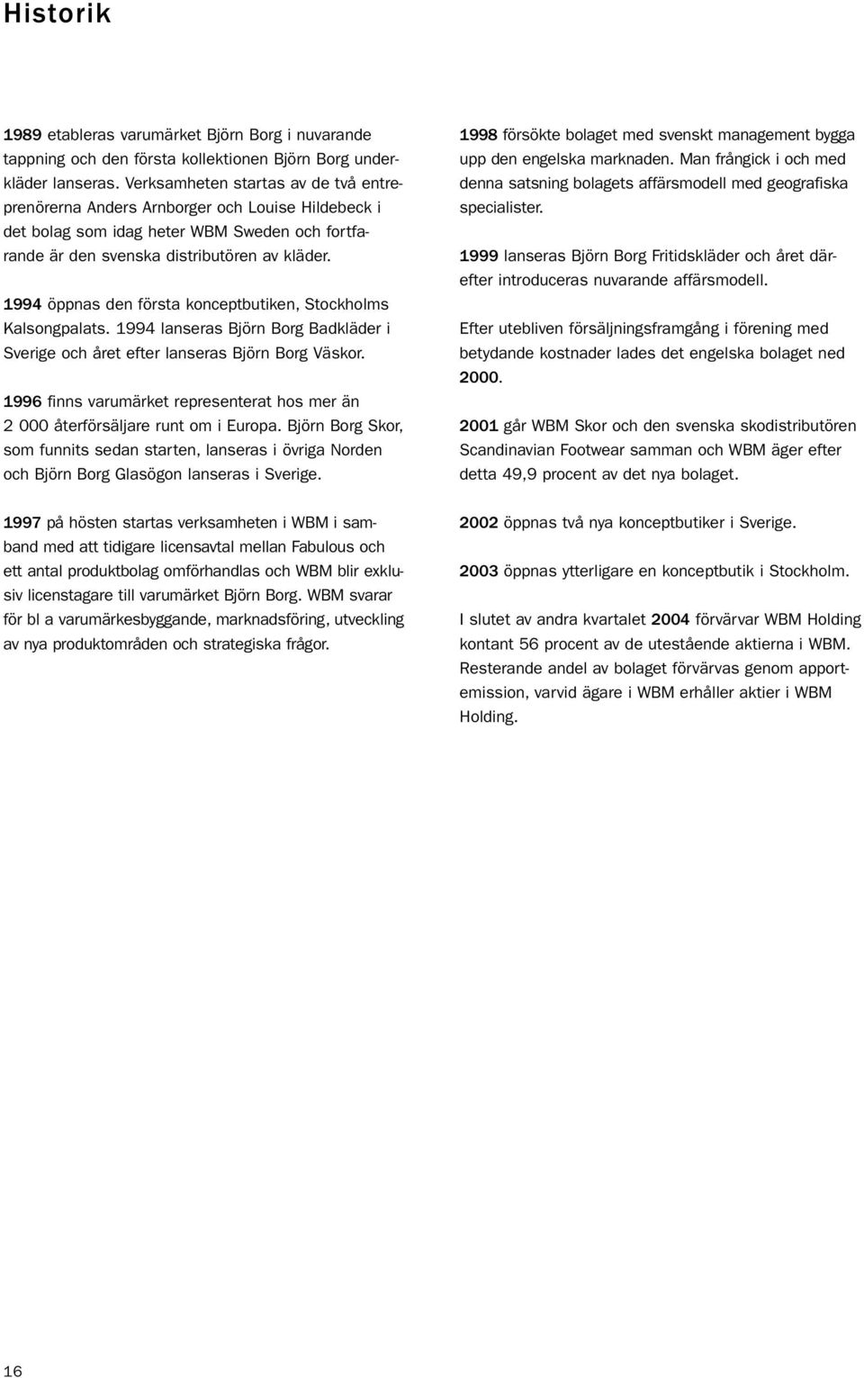 1994 öppnas den första konceptbutiken, Stockholms Kalsongpalats. 1994 lanseras Björn Borg Badkläder i Sverige och året efter lanseras Björn Borg Väskor.