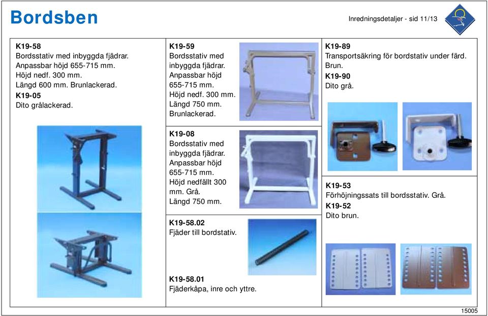 K19-89 Transportsäkring för bordstativ under färd. Brun. K19-90 Dito grå. K19-08 Bordsstativ med inbyggda fjädrar. Anpassbar höjd 655-715 mm.