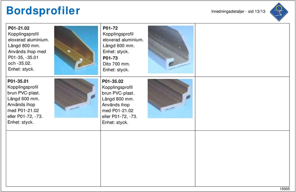 Används ihop med P01-21.02 eller P01-72, -73. Enhet: styck. P01-72 Kopplingsprofil eloxerad aluminium. Längd 600 mm.