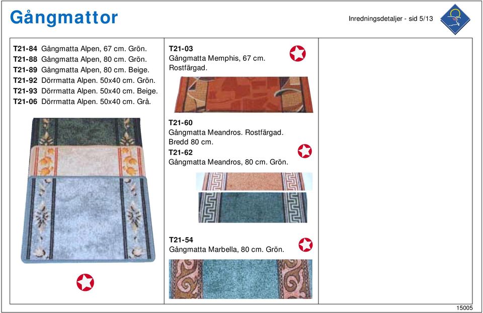 50x40 cm. Beige. T21-06 Dörrmatta Alpen. 50x40 cm. Grå. T21-03 Gångmatta Memphis, 67 cm. Rostfärgad.