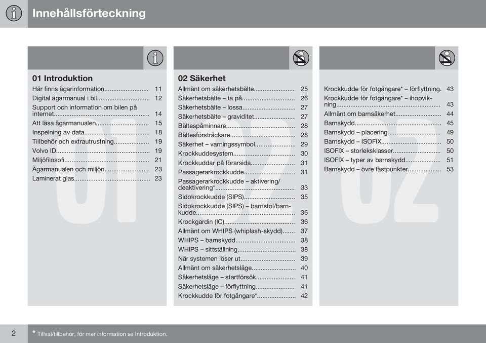 .. 18 Bältesförsträckare... 28 Tillbehör och extrautrustning... 19 Säkerhet varningssymbol... 29 Volvo ID... 19 Krockkuddesystem... 30 Miljöfilosofi... 21 Krockkuddar på förarsida.