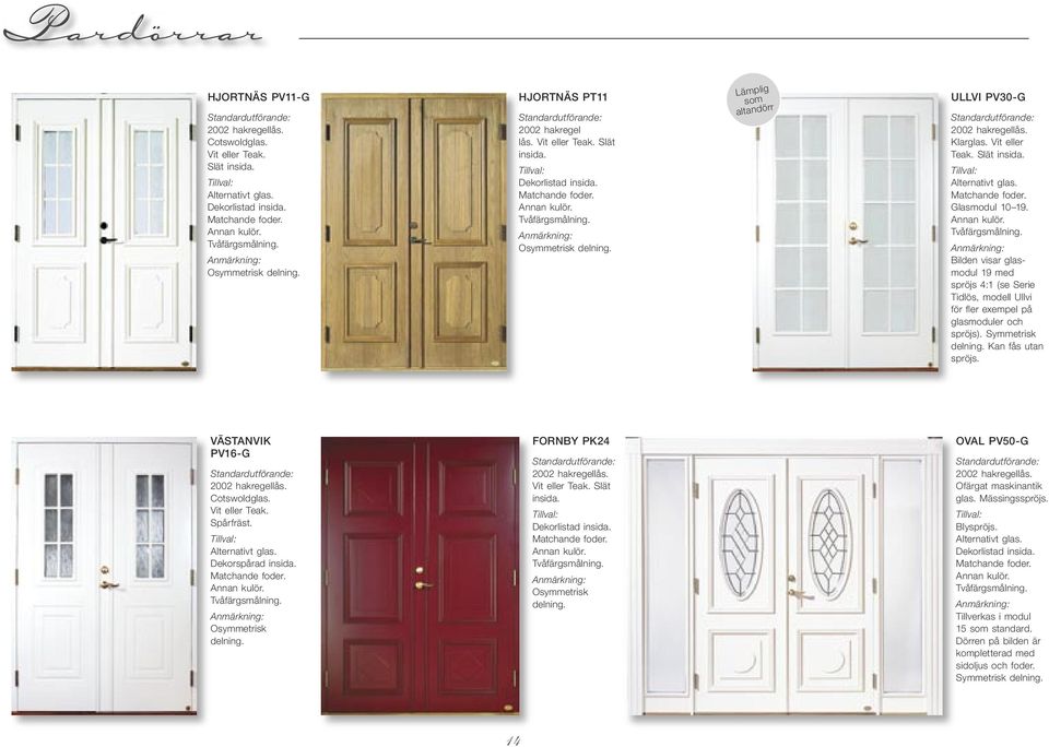 Kan fås utan spröjs. VÄSTANVIK PV16-G Cotswoldglas. Spårfräst. Dekorspårad insida. Matchande foder. Osymmetrisk delning. FORNBY PK24 Slät insida. Matchande foder. Osymmetrisk delning. OVAL PV50-G Ofärgat maskinantik glas.