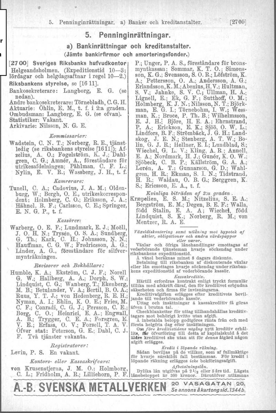 (se nedan). Andre bankosekreterare: Törnebladh, C. G. R Aktnarie: Ohlin, E. M., t. f. i 2:a graden. Ombudsman: Langborg, E. G. (se ofvan). Statistiker: Vakant. - Arkivarie: Nilsson, N. G. E. Kommissarier: Wadstein, C.