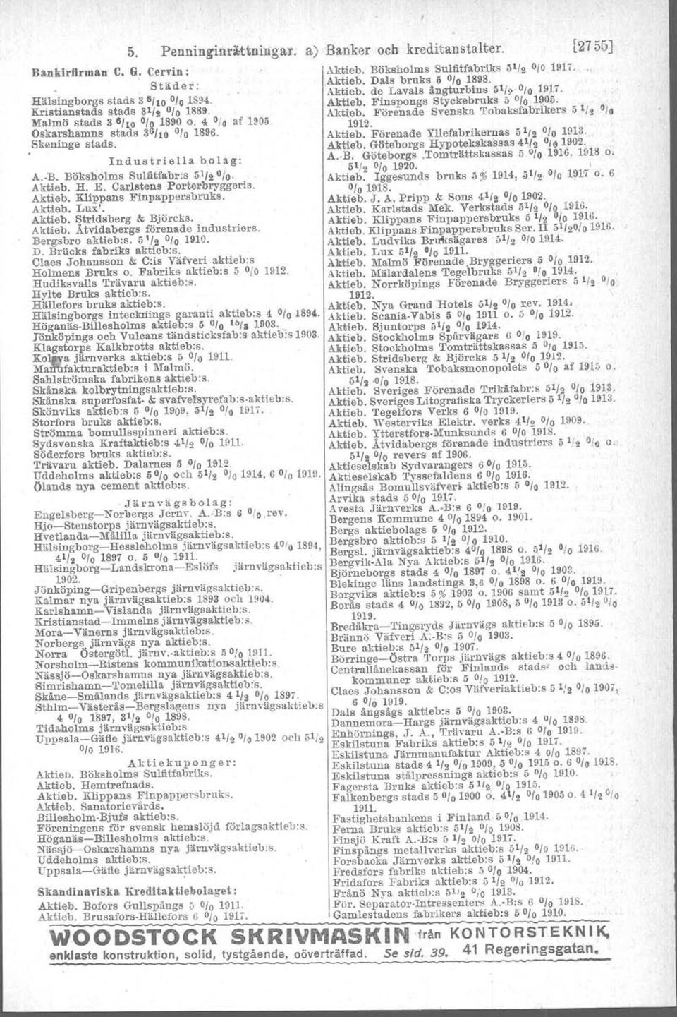 51/2 0101920. I Aktieb. Iggesunds bruks 5 % 1914, 51/2' 0/O 191'1o. 6 Aktt"~~.l;~~. Pripp & Sons 41/2 0/O1902. Aktieb. Karlstads Mek. Verkstads 5112 0/O 191G. Aktieb. Klippans Finpappersbruks 5 '/2 ~/o 191G.