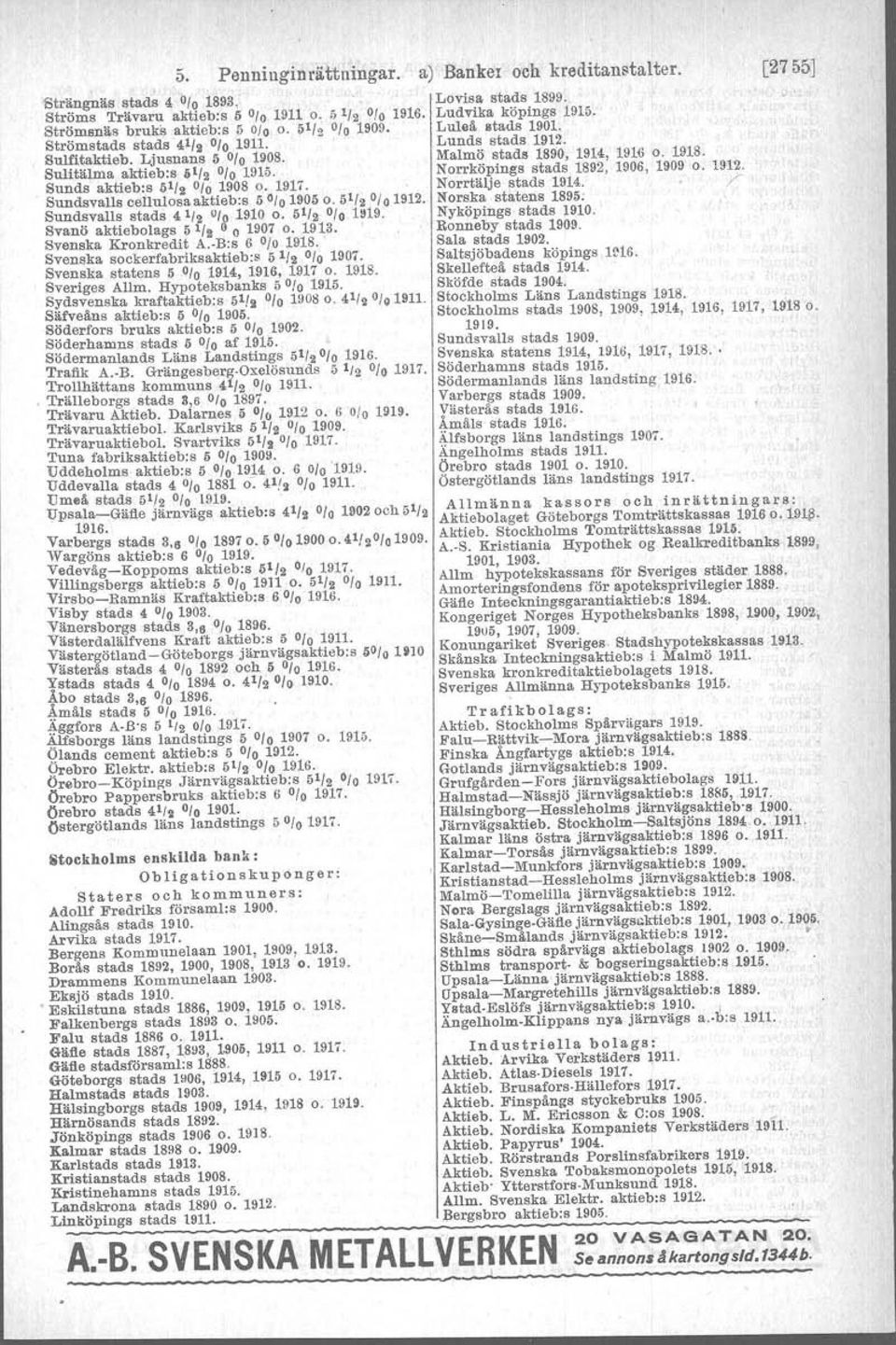 Sundsvalls stads 41/2 ulo 1910 O. 61/2 010 1U19. Svanö aktiebolags Ii 1/2 o o 1907 o. 1913. Svenska Kronkredit A.-B:s 6 0/O 1918. Svenska sockerfabriksaktieb:s Ii 1/2 0/O1907.