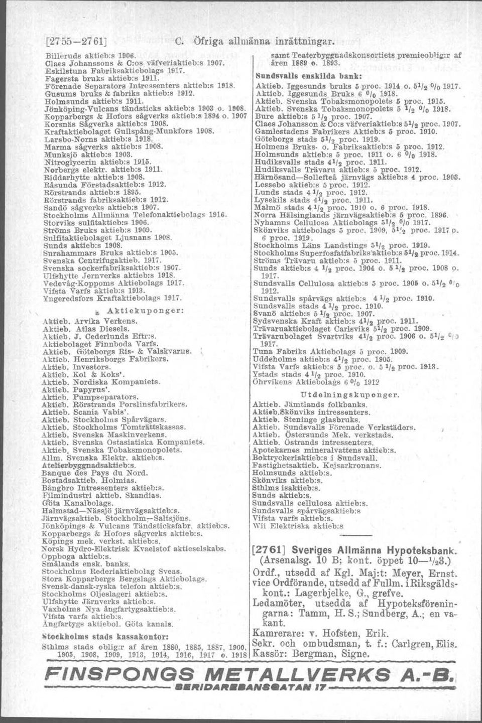 Kopparbergs & Hofors sågverks aktiebis 1894o. 1907 Korsnäs Sågverks aktie bos 1908. Kraftaktiebolaget Gullspång Munkfors 1908. Larsbo-Noms aktieb:s 1918. Marma sågverks aktieb:s 1908.