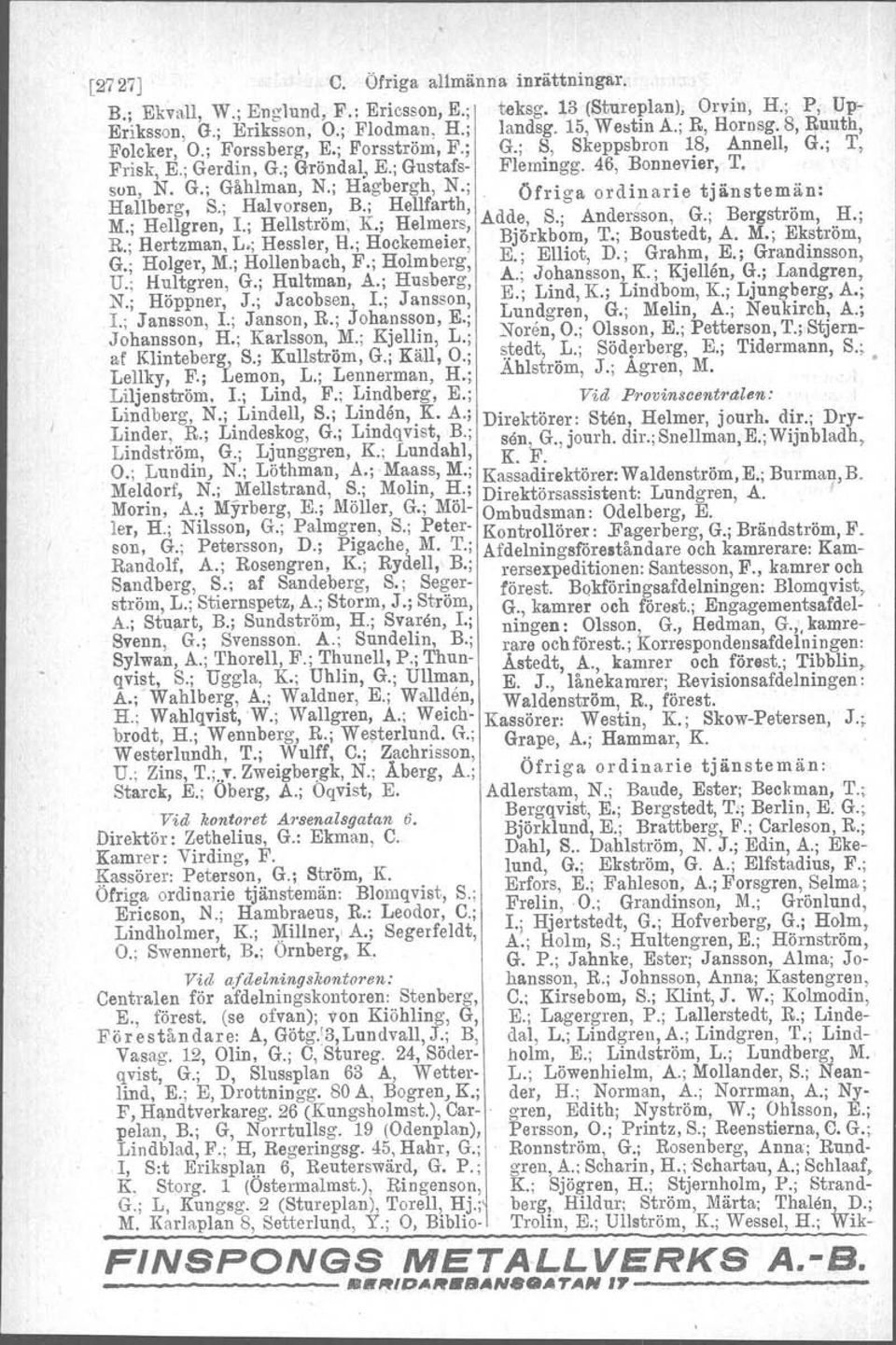 ; Hagbergh, N.; Öfriga ordinarie tjänstemän: Hallberg, S.; Halvorsen. B.; Hellfarth, dd S' A ders G B t.. H' M.; HelIgren, I.; Hellström, K.; Helmers, A.e.:., nuersson,., ergs rom,..., R.