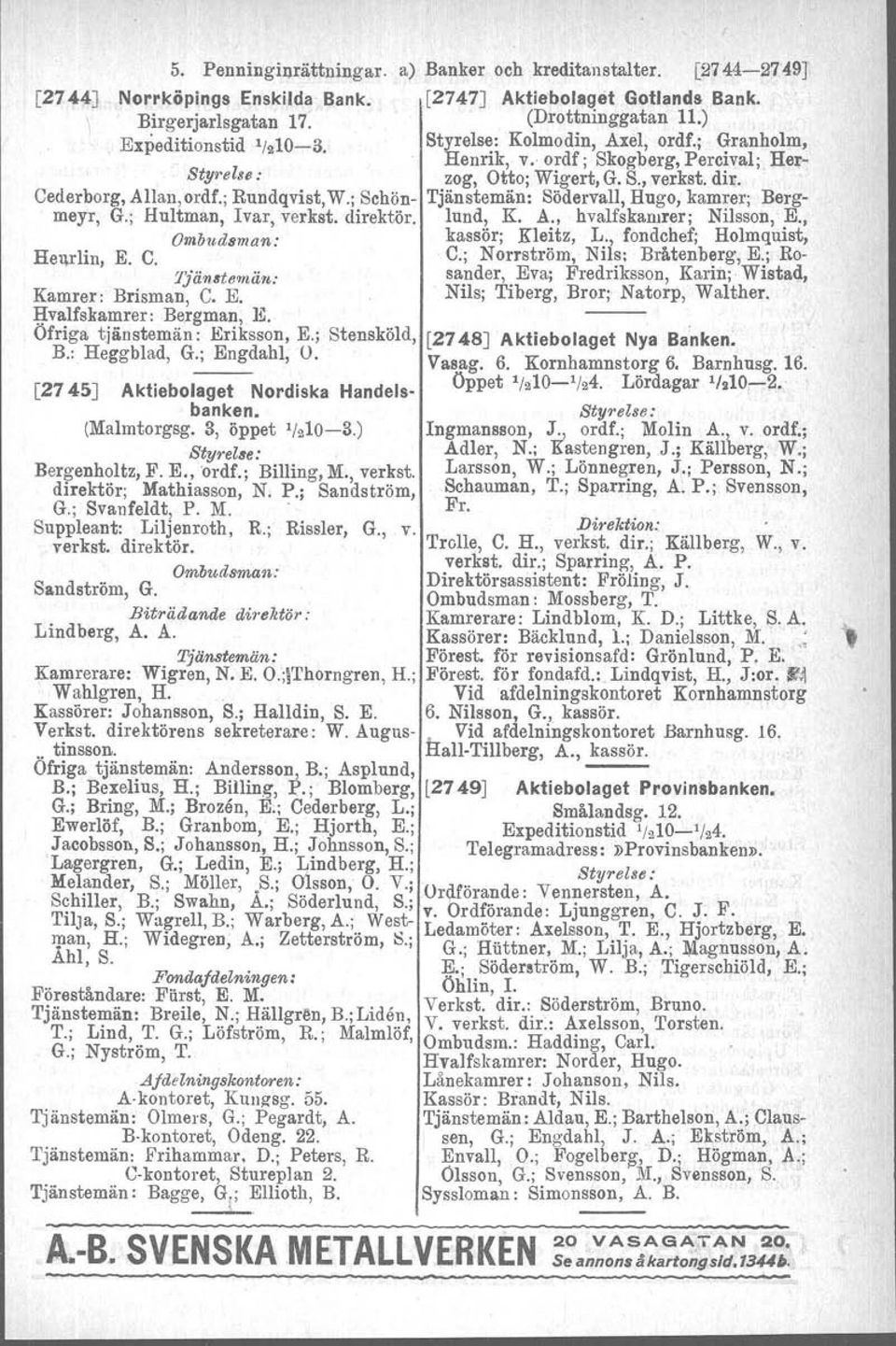 ; Schön- Tjänstemän: Södervall, Hugo, kamrer; Bergmeyr, G.; Hultman, Ivar, verkat. direktör. lund, K. A., hvalfskarnrer; Nilsson, E., Ombudsman: kassör; Kleitz, L., fondchef; Holmquist, Heurlin, E. C.