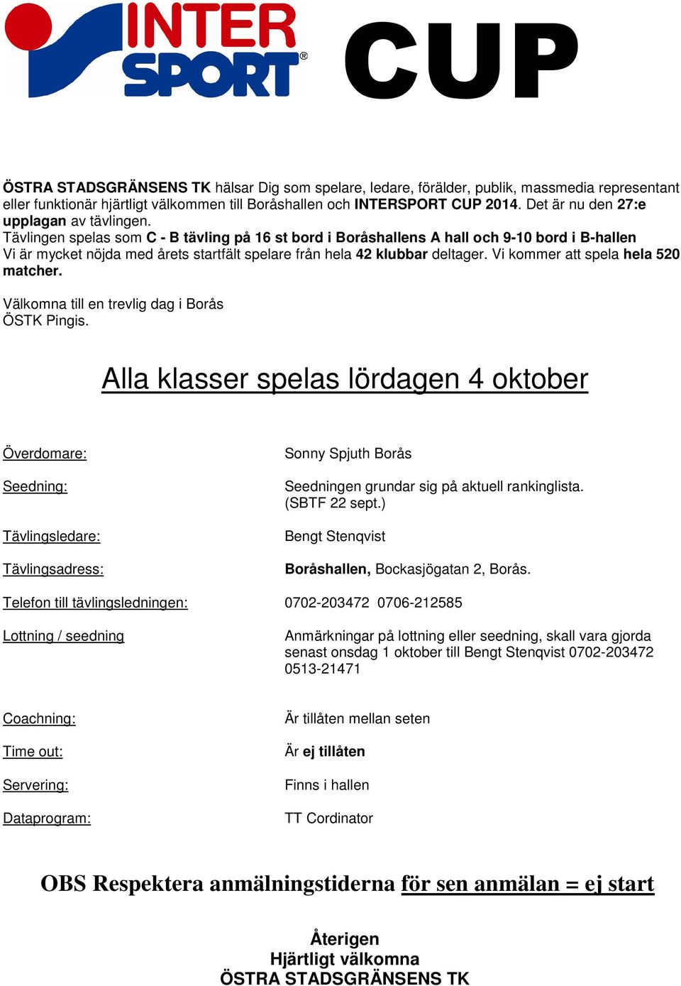 Tävlingen spelas som C - B tävling på 16 st bord i Boråshallens A hall och 9-10 bord i B-hallen Vi är mycket nöjda med årets startfält spelare från hela 42 klubbar deltager.