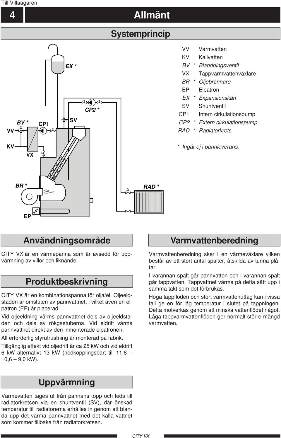 VX BR * RAD * EP Användningsområde är en värmepanna som är avsedd för uppvärmning av villor och liknande. Produktbeskrivning är en kombinationspanna för olja/el.