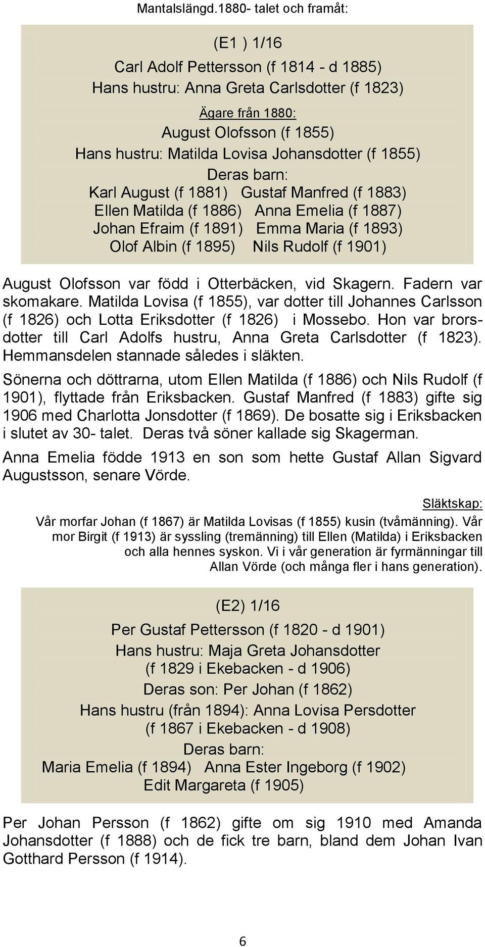 1855) Karl August (f 1881) Gustaf Manfred (f 1883) Ellen Matilda (f 1886) Anna Emelia (f 1887) Jhan Efraim (f 1891) Emma Maria (f 1893) Olf Albin (f 1895) Nils Rudlf (f 1901) August Olfssn var född i