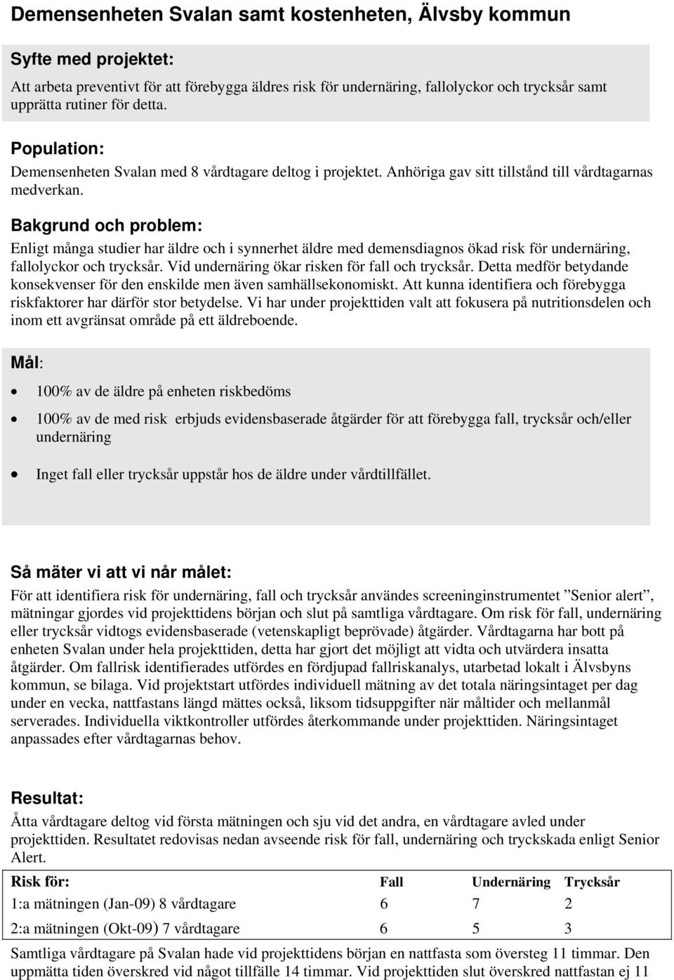 Bakgrund och problem: Enligt många studier har äldre och i synnerhet äldre med demensdiagnos ökad risk för undernäring, fallolyckor och trycksår. Vid undernäring ökar risken för fall och trycksår.