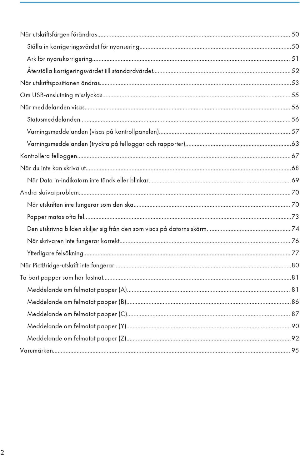 .. 57 Varningsmeddelanden (tryckta på felloggar och rapporter)...63 Kontrollera felloggen... 67 När du inte kan skriva ut...68 När Data in-indikatorn inte tänds eller blinkar...69 Andra skrivarproblem.