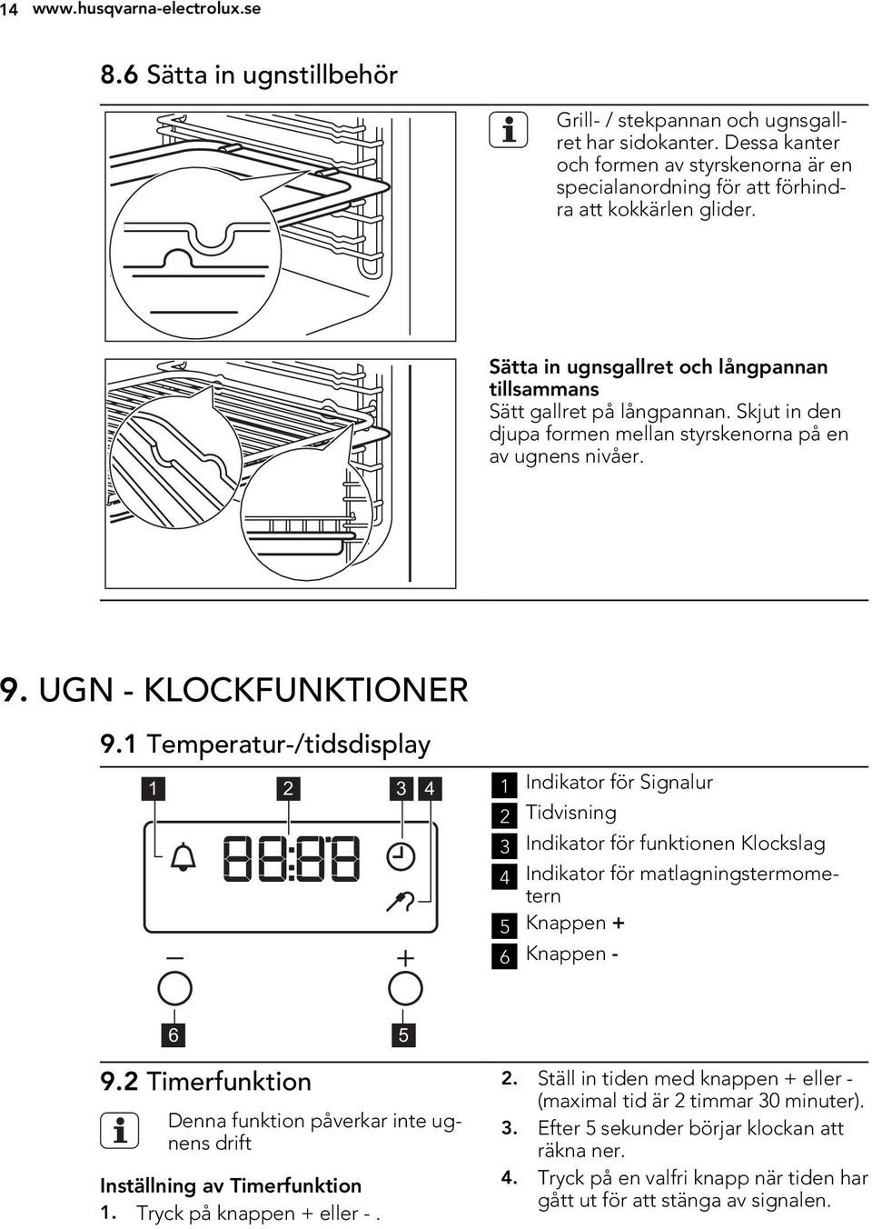 Skjut in den djupa formen mellan styrskenorna på en av ugnens nivåer. 9. UGN - KLOCKFUNKTIONER 9.