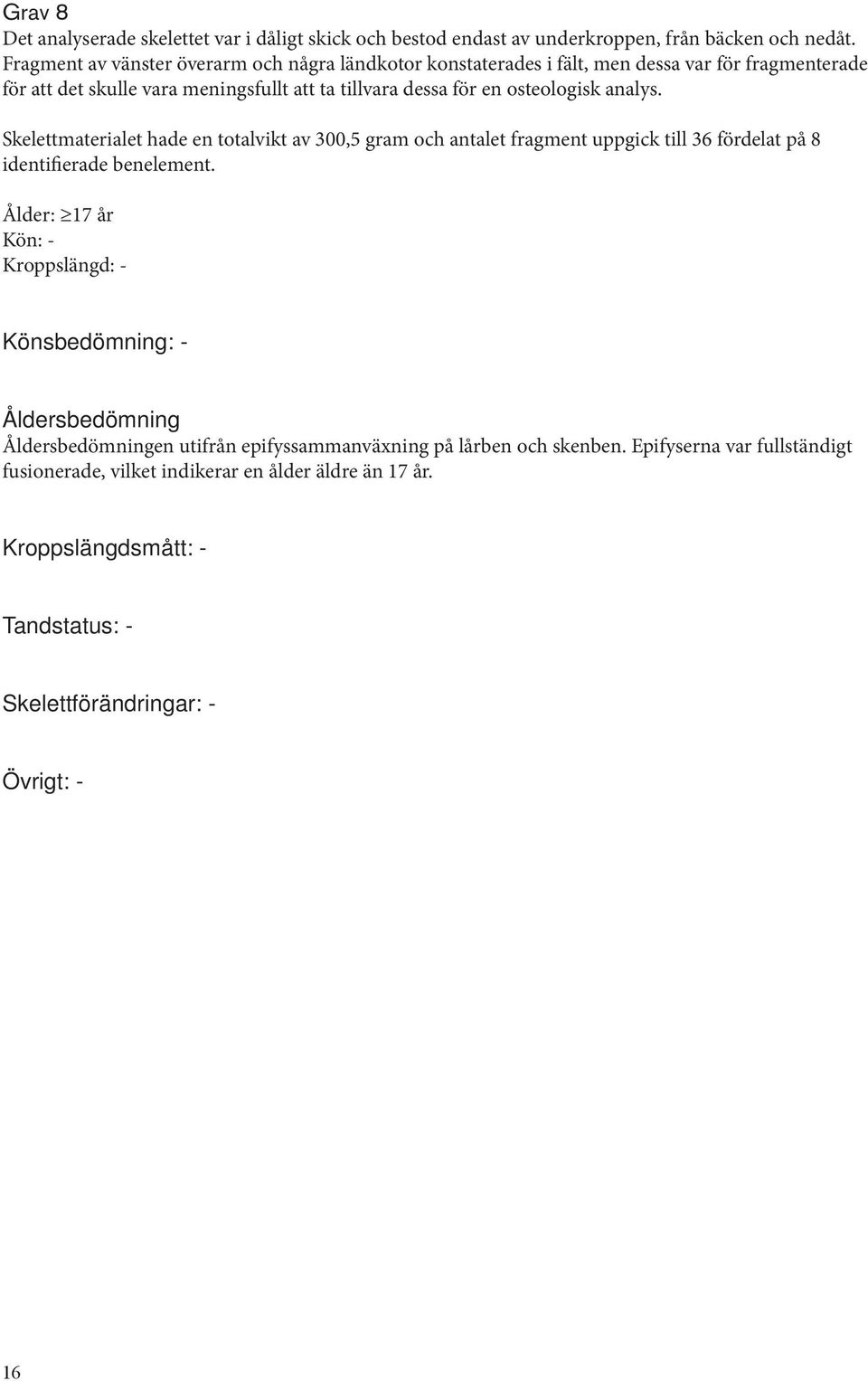 osteologisk analys. Skelettmaterialet hade en totalvikt av 300,5 gram och antalet fragment uppgick till 36 fördelat på 8 identifierade benelement.