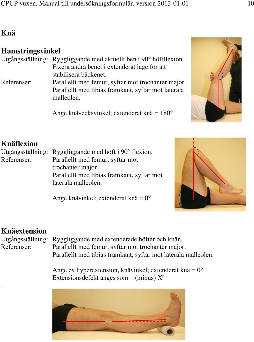 Ange knävecksvinkel; extenderat knä = 180 Knäflexion Utgångsställning: Ryggliggande med höft i 90 flexion. Referenser: Parallellt med femur, syftar mot trochanter major.