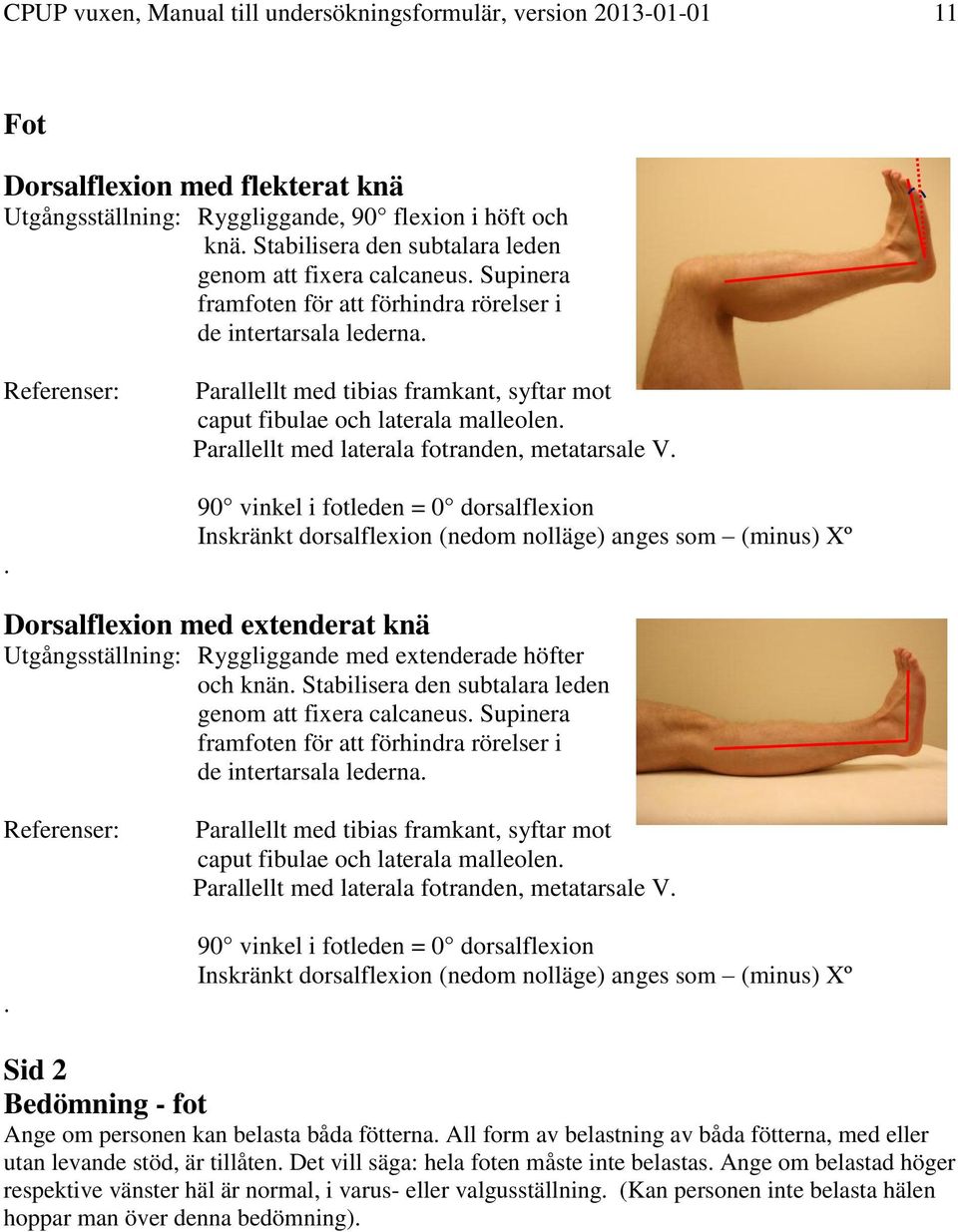 Parallellt med tibias framkant, syftar mot caput fibulae och laterala malleolen. Parallellt med laterala fotranden, metatarsale V.